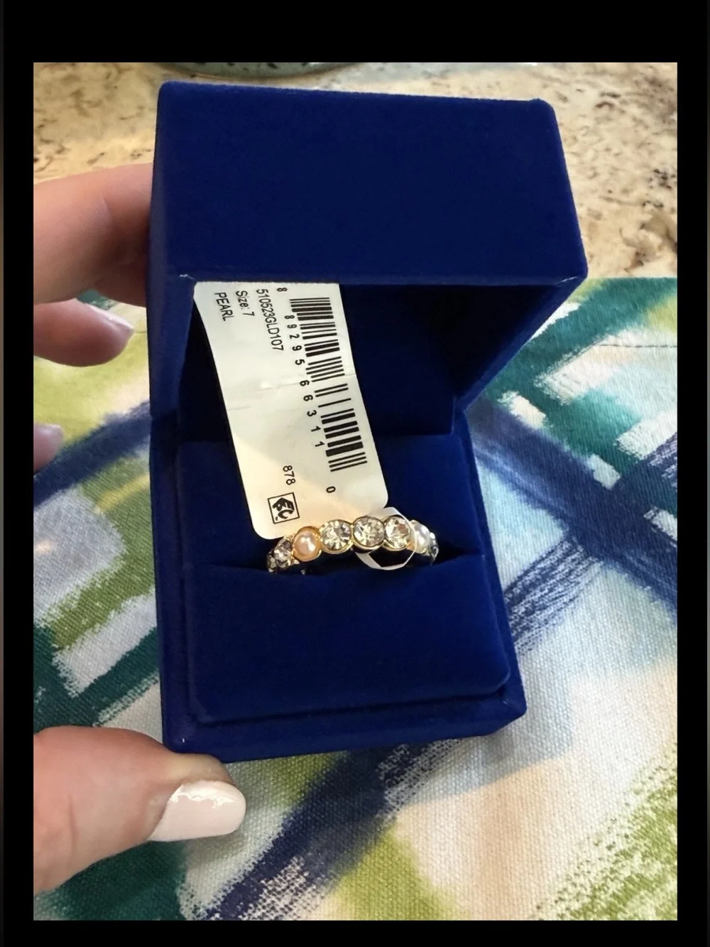 NEW KURT GEIGER LONDON Faux Pearl Crystal Goldtone Band Ring, Size 7 or 8